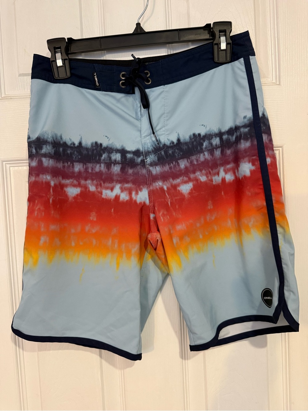 O'Neill Men's Light Blue Boardshorts with Red-Orange Tie-Dye Stripe